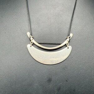 VTG Black Cord Geometric Crescent Pendant Necklace Silver Tone